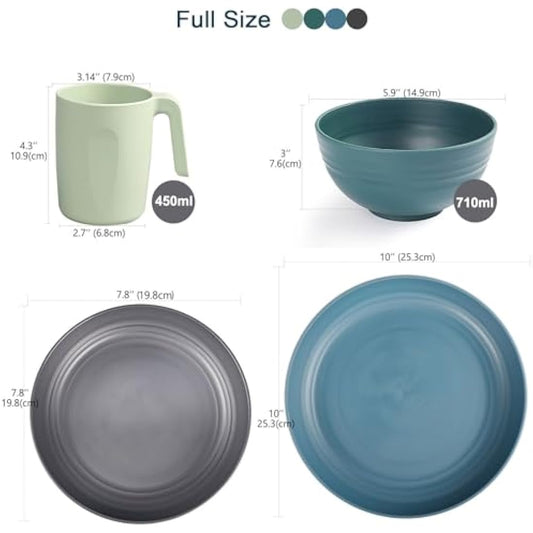 Greentainer Unbreakable Plastic Dinnerware Set, Lightweight Tableware with 4 Dinning Plates, 4 Dessert Plates, 4 Bowls, 4 Cups Kids & Adults, Service for 4, Dishwasher&Microwave Safe,16 Pcs