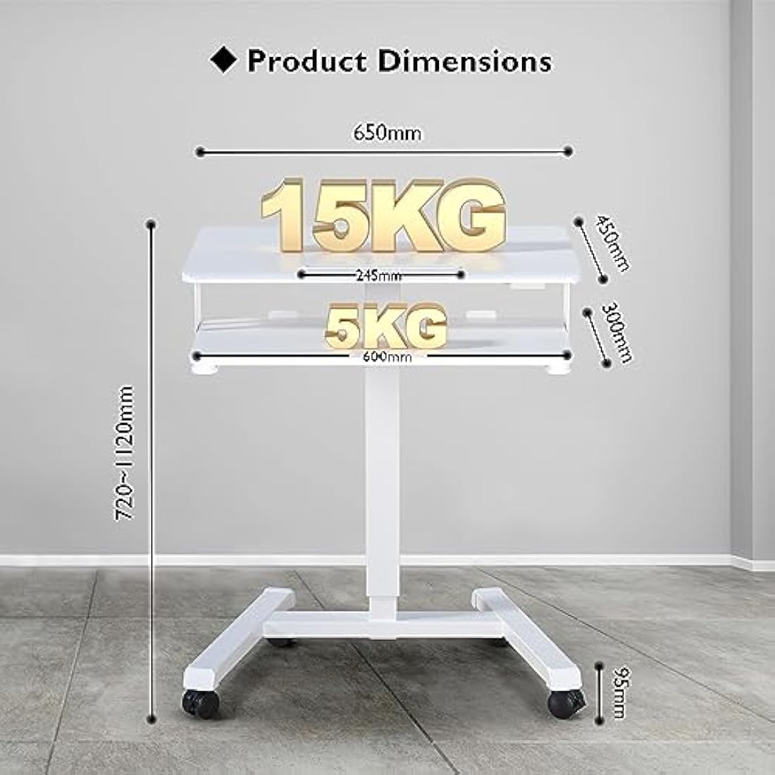 BONTEC 65 × 45cm Two-Tier Mobile Computer Workstation with 4 Rolling Castors, Laptop Stand on Wheels, Height Adjustable Standing Desk, Side Table for Living Room, Bedroom, Medical White