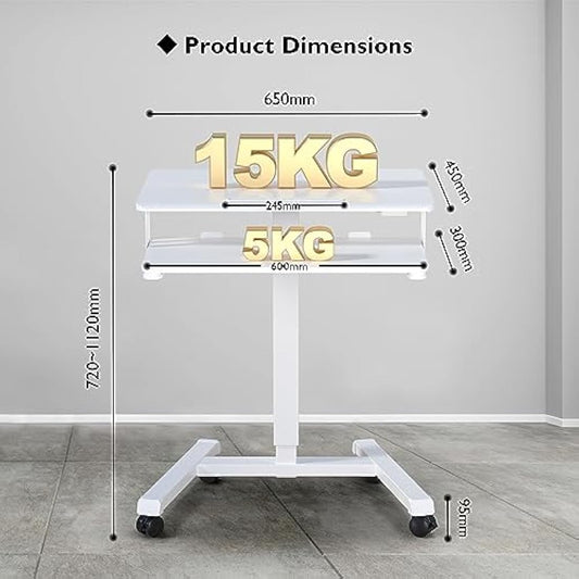 BONTEC 65 × 45cm Two-Tier Mobile Computer Workstation with 4 Rolling Castors, Laptop Stand on Wheels, Height Adjustable Standing Desk, Side Table for Living Room, Bedroom, Medical White