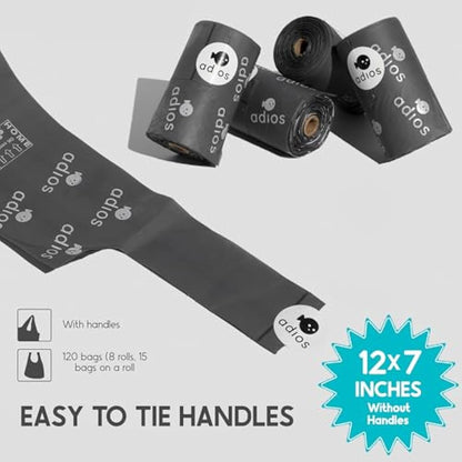 Adios Plastic - Compostable Dog Poop Bags with Handles, 360 Count (24 Rolls) - Grey - Extra Thick, Leakproof, Odour Proof Dog Waste Bags - Made from Compostable Cornstarch - Easy Tear Rolls