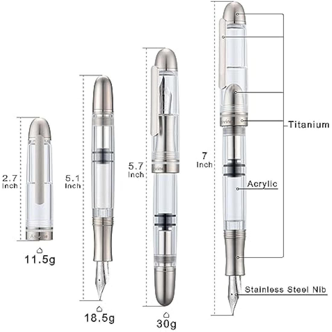 Asvine P36 Titanium Fountain Pen Piston Filling, Iridium Fine Nib Clear Transparent Acrylic Smooth Writing Pen Case Set, Torpedo shape