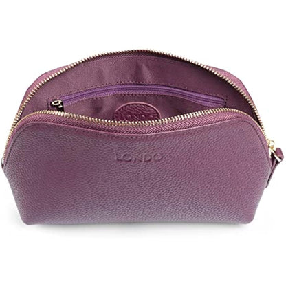 LONDO Genuine Leather Makeup Bag Cosmetic Pouch Travel Organizer Toiletry Clutch (Purple)