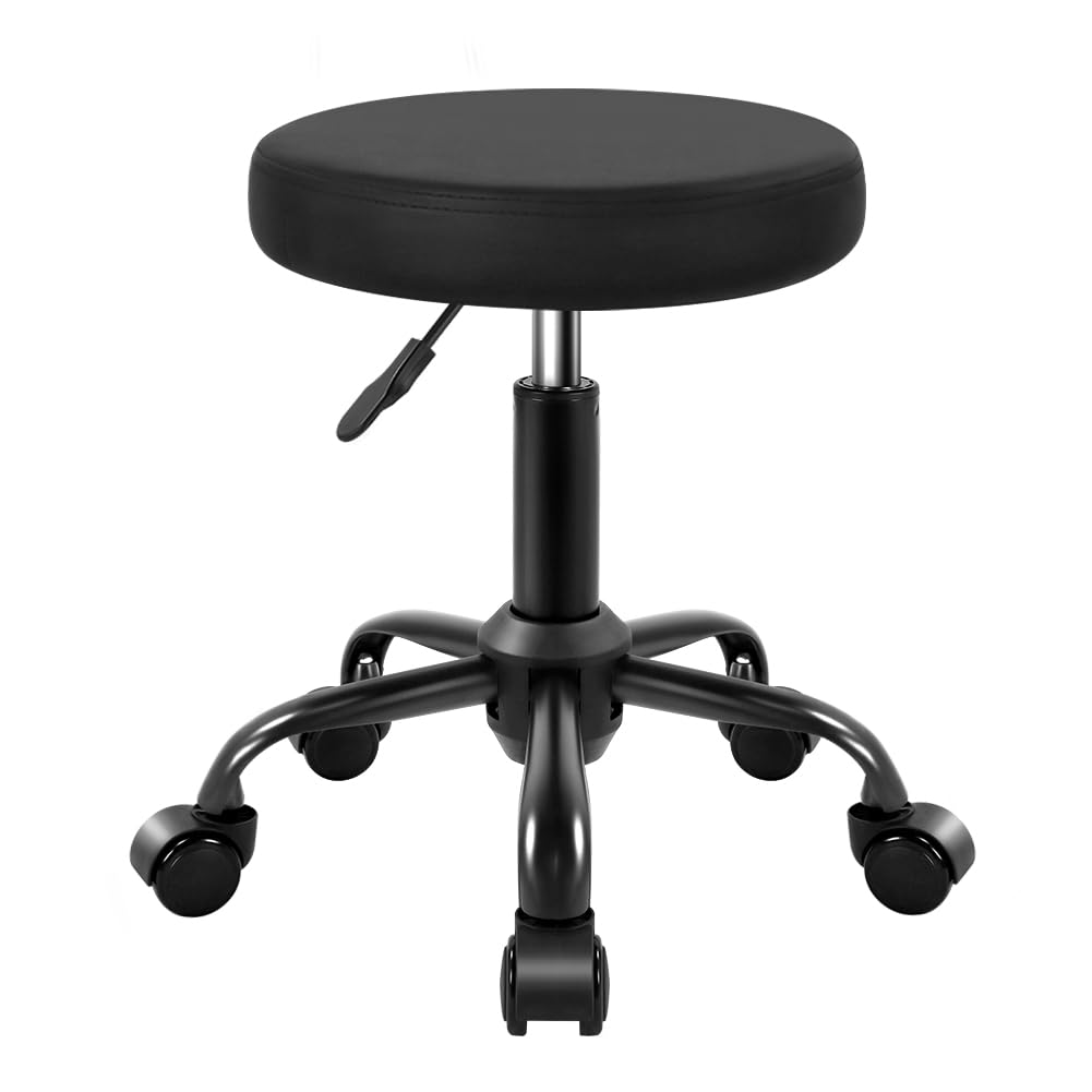 KKTONER Round Rolling Stool Height Adjustable Stool PU Leather Chair with Wheels Salon Spa Drafting stools Small (Black)