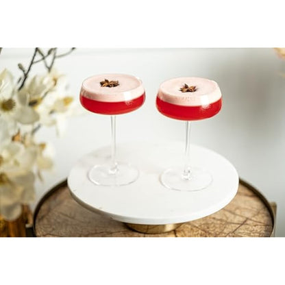 GLASSIQUE CADEAU Crystal Cocktail and Champagne Coupette Glasses | Set of 4 | 260 ml Elegant Long Stemmed Coupe Glassware for Gimlet, Espresso Martini, Daiquiri, Cosmopolitan | Fancy Round Saucers