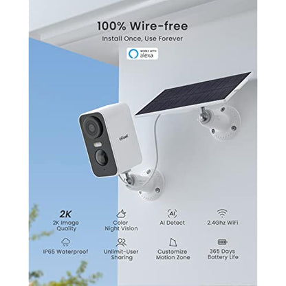 ieGeek No Monthly Fee 2K Solar Security Camera Outdoor Wireless with Color Night Vision, Battery CCTV Camera Systems, WiFi Outdoor Camera Home Security Camera, Sound Floodlight Alarm, Motion Detection