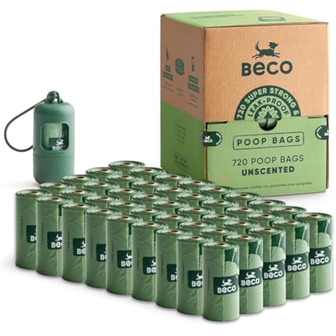 Beco Dog Poop Bags Rolls - Strong & Large - 720 Bags (48 Rolls of 15) and 1x Dispenser, Unscented, Dispenser Compatible for Dog Waste