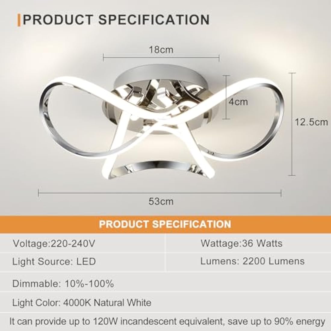 AUROLITE AL1016D Contemporary LED Chrome Semi Flush Ceiling Light, 36W 2200LM, Dimmable, 4000K Cool White, Modern Swirl Design, Ideal for Lounge, Living Room and Bedroom, 36 W