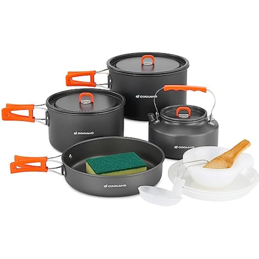 Odoland Camping Cookware Set Non-Stick Lightweight Camping Kettle Pots and Pans Mess Kit with Bowls Soup Spoon for Backpacking, Outdoor Cooking and Picnic for 4-6 People
