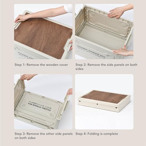 Folding Storage Box with Wood Lid, 50L Collapsible Storage Bin with Wheels and Locking Plate for Camping Car Picnic Organization