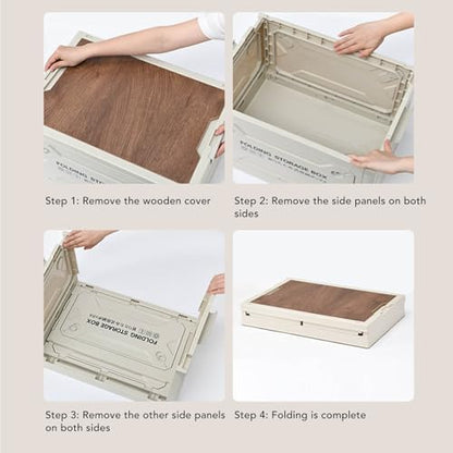 Folding Storage Box with Wood Lid, 50L Collapsible Storage Bin with Wheels and Locking Plate for Camping Car Picnic Organization