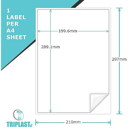 Triplast 100 A4 Multipurpose Label Sheets - 200 x 289mm - Easy Peel White Inkjet & Laser Labels - Address, Shipping, File Labels, DIY Stickers
