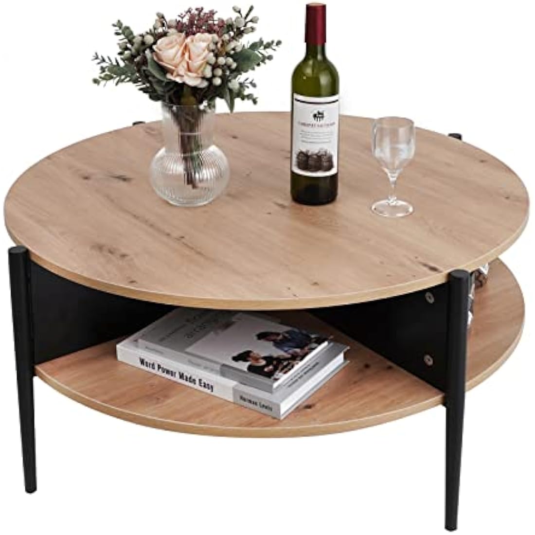 7RiversART Wood Round Coffee Table with 2-Tier Storage Partitioned Shelf Industrial Modern Design Sofa Table for Living Room