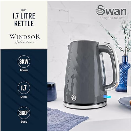 Swan SK14611GRY Windsor Rapid Boil Kettle with Removable Limescale Filter, Boil Dry Protection and Hidden Cord Storage, 1.7L, 3KW, Grey