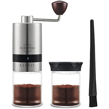 SILBERTHAL Manual Coffee Grinder – Stainless Steel – 6 Adjustable Levels – Portable Coffee Bean Grinder – with Storage Container and Cleaning Brush