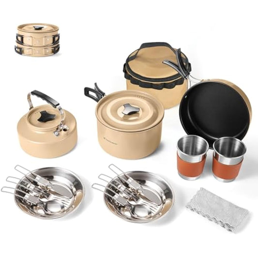 Odoland Camping Cookware Set Non-Stick Pot and Pan Set with Kettle, Stainless Steel Utensils Mess Kit, Cups Plates Knives Spoons Forks for Outdoor Cooking