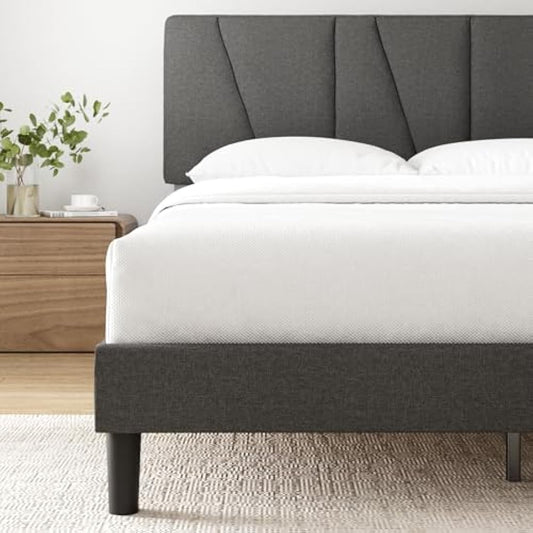 ZINUS Maya King Bed Frame – Bed 150 x 200 cm – 30cm Height – Upholstered platform bed frame with Headboard – Wooden slat support – Dark grey