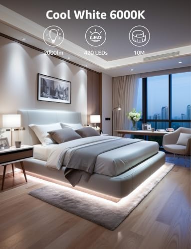 Lepro White LED Strip Light 10M, 2000lm Dimmable LED Lights, 24V UK Plug LED Strip with Dimmer Switch, 6000K Cool White Strip Lights for Kitchen, Cabinet, Wardrobe, Conservatory, Garage 1 Roll