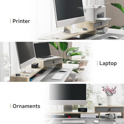 Fenge Dual Monitor Stand With Drawer - 2 Shelf Riser With Adjustable Length and Angle, Wood Stand for 2 Monitors, Laptop PC, Computer, Printer, Desktop Organizer, Oak
