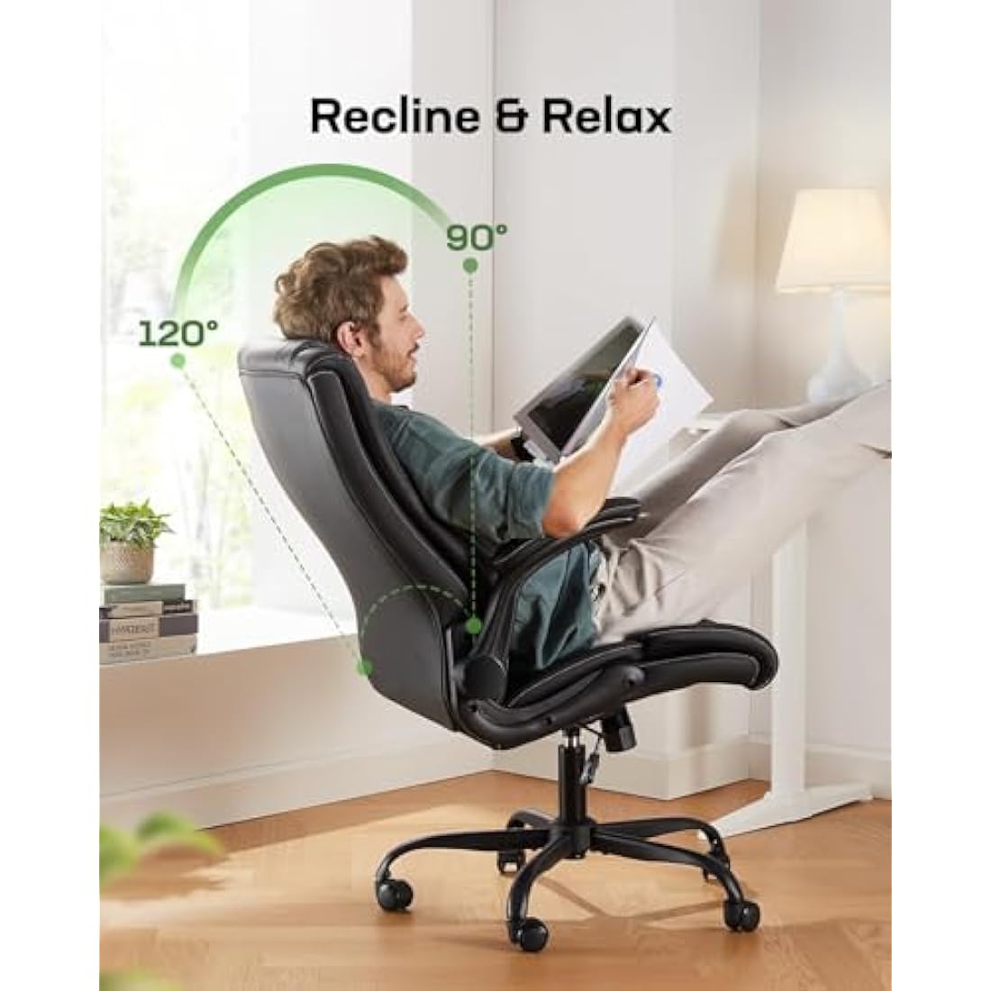 Marsail Executive Office Chair with Flip-up Armrests,PU Leather Ergonomic Office Chair with Tilt Function Height-Adjustable Swivel Rolling for Home Office Working
