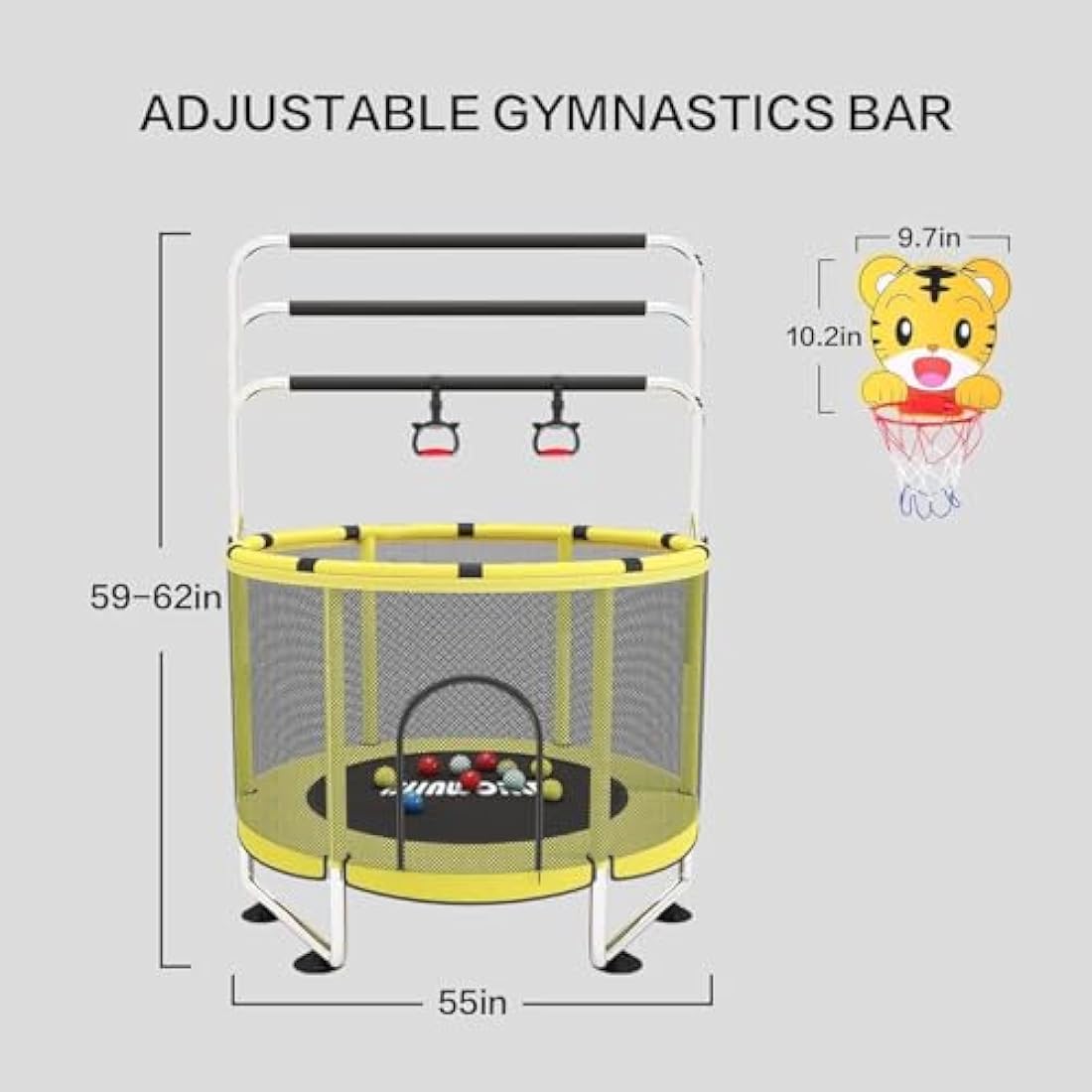 Trampoline for Kids, Adjustable Baby Toddler Trampoline with Basketball Hoop, 220lbs Indoor Outdoor Toddler Trampoline with Enclosure