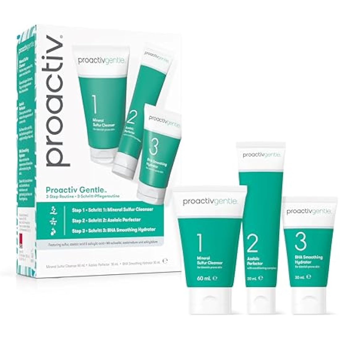 Proactiv Gentle 30 Day Facial Cleanser 3-Step Routine, 1 x Mineral Sulfur Cleanser 60 ml, 1 x Azelaic Pore Perfector 30 ml, 1 x BHA Smoothing Hydrator 30 ml (Pack of 1)