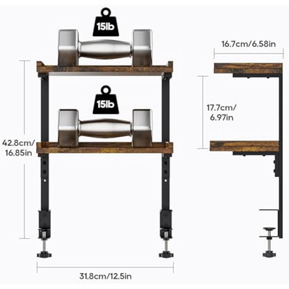 THYGIFTREE Clamp On Desk Shelf 2-Tier, Wood Shelving Unit for Office Gaming Accessories, Tabletop Book Storage Rack, Shelf for Top of Desk, Brown
