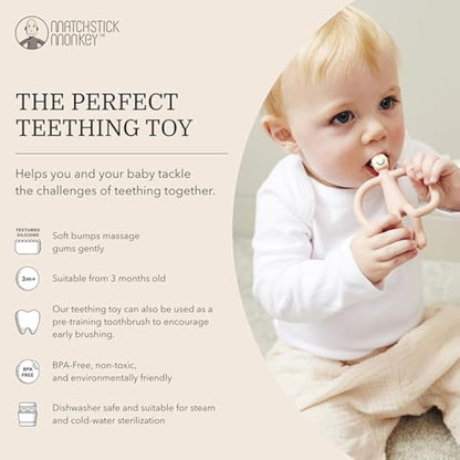 Matchstick Monkey, Original Teether & Gel Applicator, Antimicrobial Silicone Teething Toys for Baby, Easy to Grip, BPA Free, 3 Months Old+, 10.5 cm, Dusty Pink Monkey