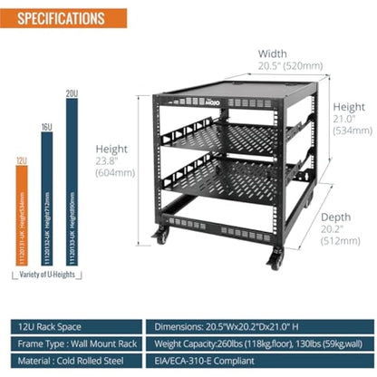 Tecmojo 12U Open Frame Network Rack, 19" Compatible, Floor Standing and Wall Mountable, with 2x 1U Server Shelf & Mounting Hardware, AV & IT Equipment Rack for for Office/Home