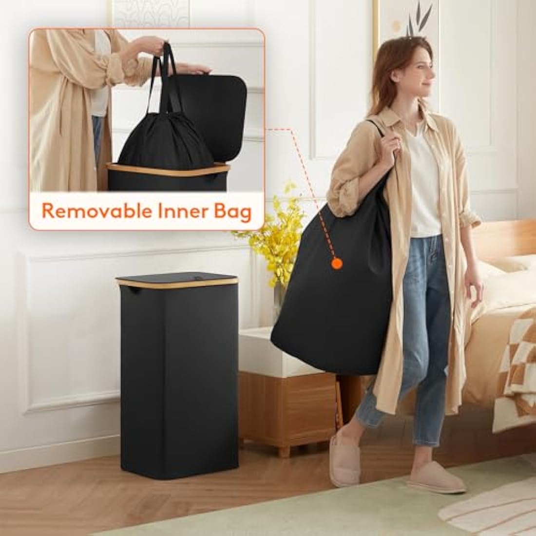 Lifewit 100L Laundry Basket with Lid, Clothes Hampers for Laundry with Bamboo Handles and A Removable Laundry Bag, Large Foldable Laundry Hamper for Bedroom, Bathroom, Dorm, Laundry Room, Black