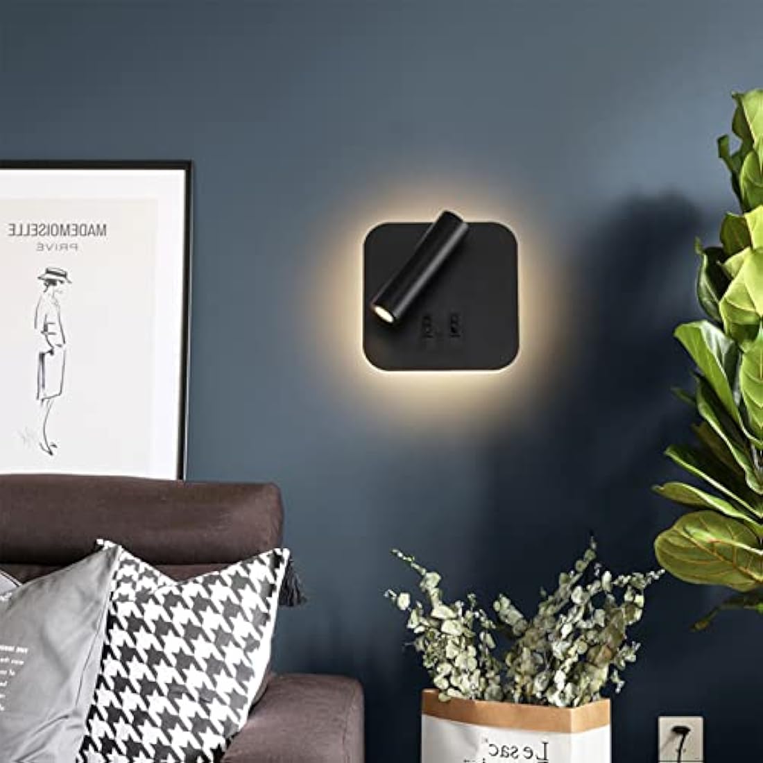 uksunvi LED Wall Mounted Lamp,Bedside Reading Wall Light,12W LED Wall Lamp, Adjustable Spotlight （3W +9W 3000K Warm Light） (Black Square)