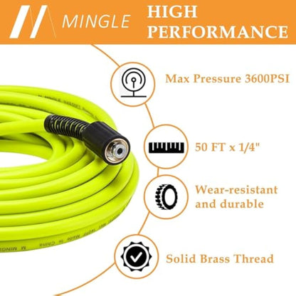 M MINGLE Pressure Washer Hose 50 FT x 1/4" - Replacement Power Wash Hose with Quick Connect Kits - High Pressure Hose with M22 14mm Fittings - 3600PSI