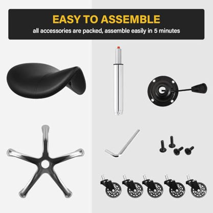 WKWKER Saddle Stool On Wheels Swivel Adjustable Thick Leather Seat Beauty Chair For Kitchen Drafting Lab Office Massage Black