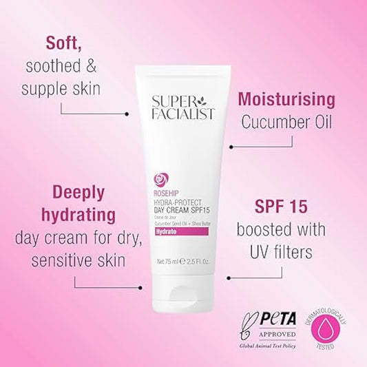 Super Facialist Rosehip Hydrate Radiance Day Cream SPF15, Formulated with UV filters to Protect and Hydrate, 75 ml