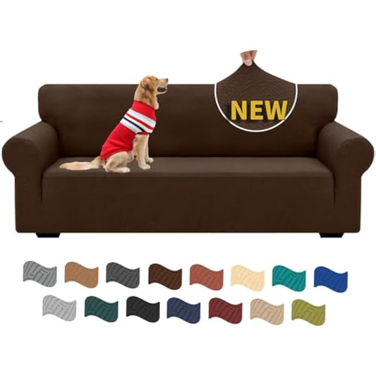 XINEAGE High Stretch Sofa Covers 3 Seater Latest Jacquard 1 Piece Sofa Slipcovers Living Room Universal Couch Covers for Dogs Pet Non Slip Sofa Furniture Protector Washable (3 Seater, Coffee)