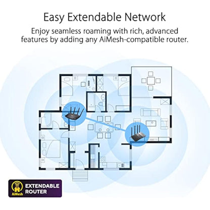 ASUS RT-AX53U Dual Band WiFi 6 Extendable Router with Mobile Tethering (Replacement of 4G 5G routers) free Network Security Parental Control, VPN, AiMesh Compatible, Gaming & Streaming Smart Home USB