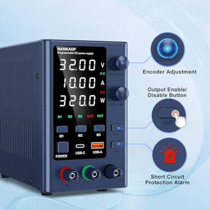 DC Power Supply 0-32V 0-10A, Lab DC Power Supply Variable with Memory Storage, Bench Power Supply with Encoder Adjustment & USB-A/Type-C Fast Charging Interface