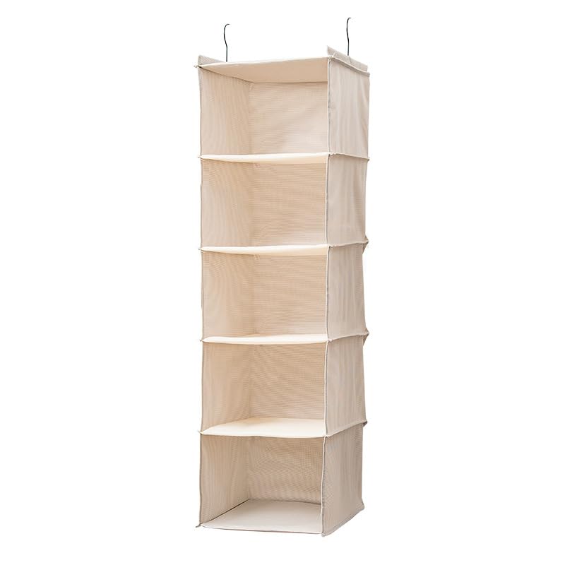 BOMEI PACK Beige Hanging Wardrobe Closet Organizer Shelves with 5 foldable Storage compartments,easy hang up with Curved Metal Hooks for storage
