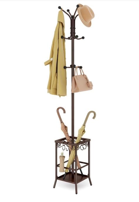 Hoctieon Coat Rack Freestanding, Coat Tree with Umbrella Holder, Metal Coat Rack Stand with 12 Hooks, Standing Coat Hanger Stand