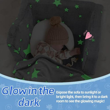 MeMoreCool Kids Couch Sofa, Folding Toddler Chair Bed, Soft Plush Fold Out Kids Armchair Floor Mini Sofa Glow in The Dark, Comfy Baby Recliner for Girls Boys, Grey