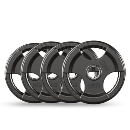 PhysKcal Olympic Weight Plates 4x5kg with Rubber Finish 2?? Opening and Tri-Grips, Black Barbell Plates Discs in Pair for Lifting and Strength