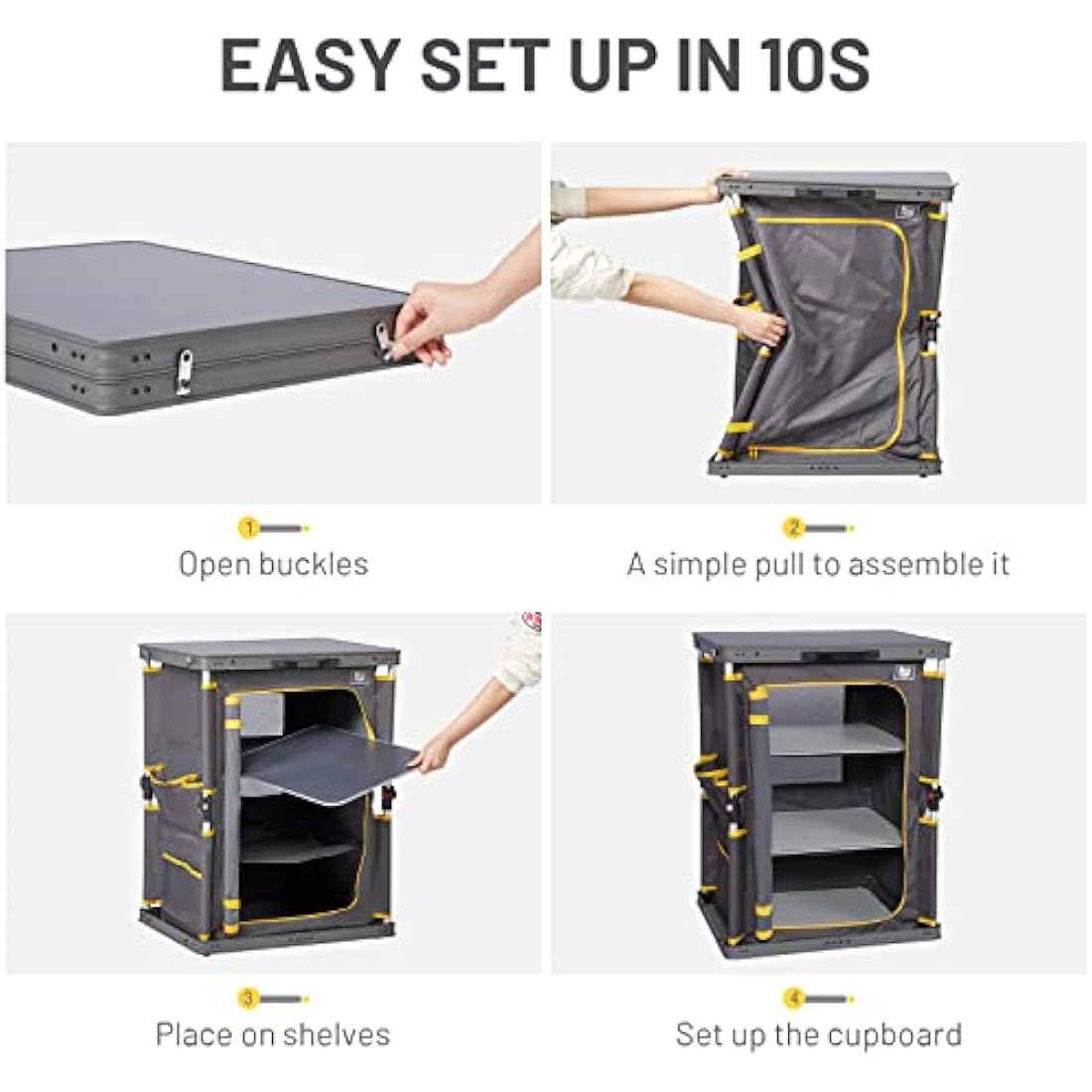 TIMBER RIDGE Compact Camping Storage, Pop Up Folding Camping Kitchen Unit, Camping Furniture Camping Cupboards Cabinet Outdoor 3 Shelf Aluminum Frame Portable for Garden Party Picnic, Supports 30kg