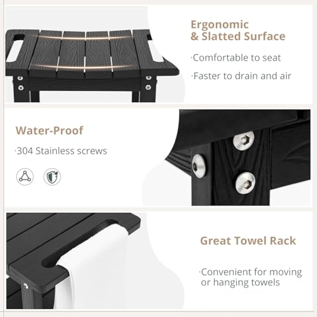 LUE BONA HDPS Shower Benches,Shower Stool for Shaving Legs with Shelf,Waterproof Bath Chair Seat for Bathroom,Weather Resistant/Non-Slip/Handles/Indoor or Outdoor Use,Black