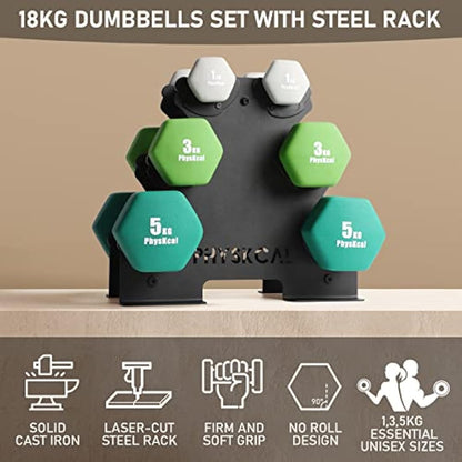 PhysKcal Dumbbells Set with Storage Rack, Hand Weights Set for Home, Gym & Studio