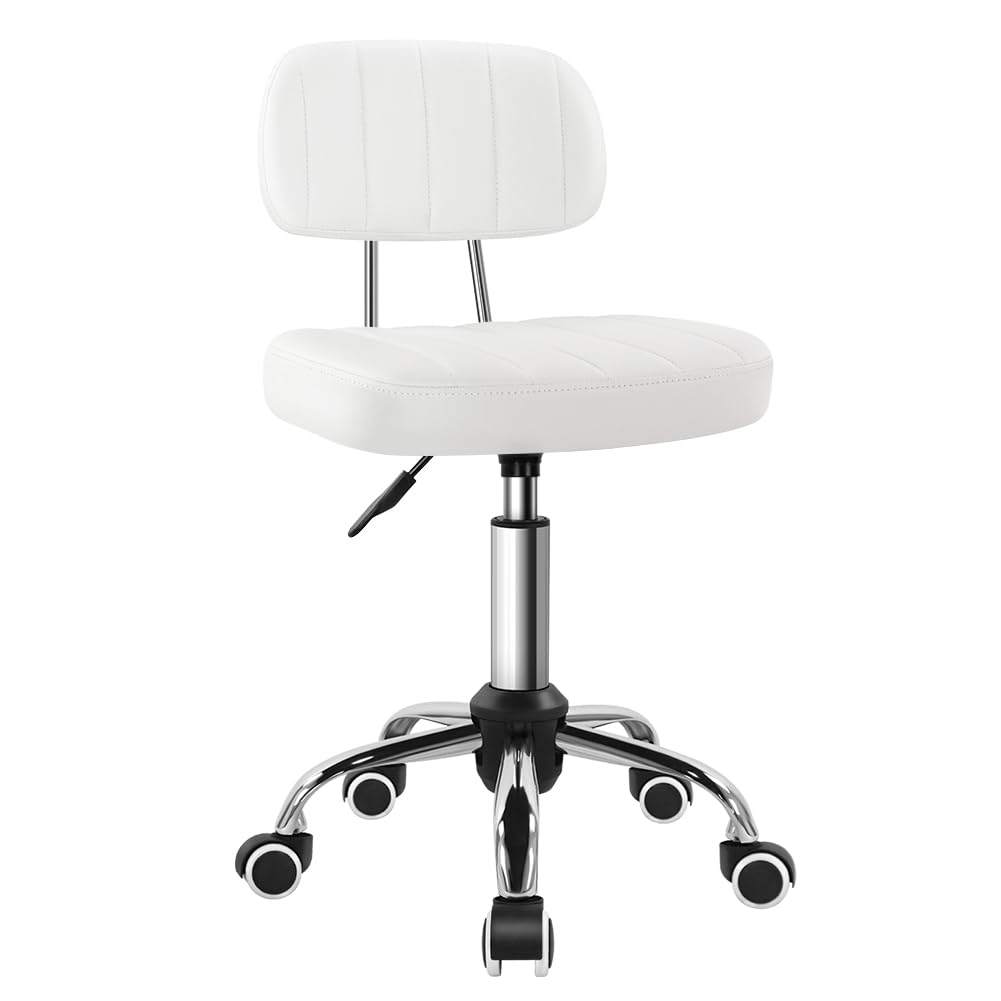 BFTOU Square Swivel Stool on Wheels Perfect for Work SPA Shop Massage Height-Adjustable and Cost-Effective Rolling Stool Chair with Back White