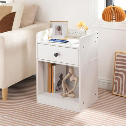 HOOBRO Bedside Table with Charging Station, Sofa Side Table with USB, Bed Side End Table with Socket and 2 USB Ports, Nightstand with Drawer, for Bedroom, Living Room, White EWT18KBZ01
