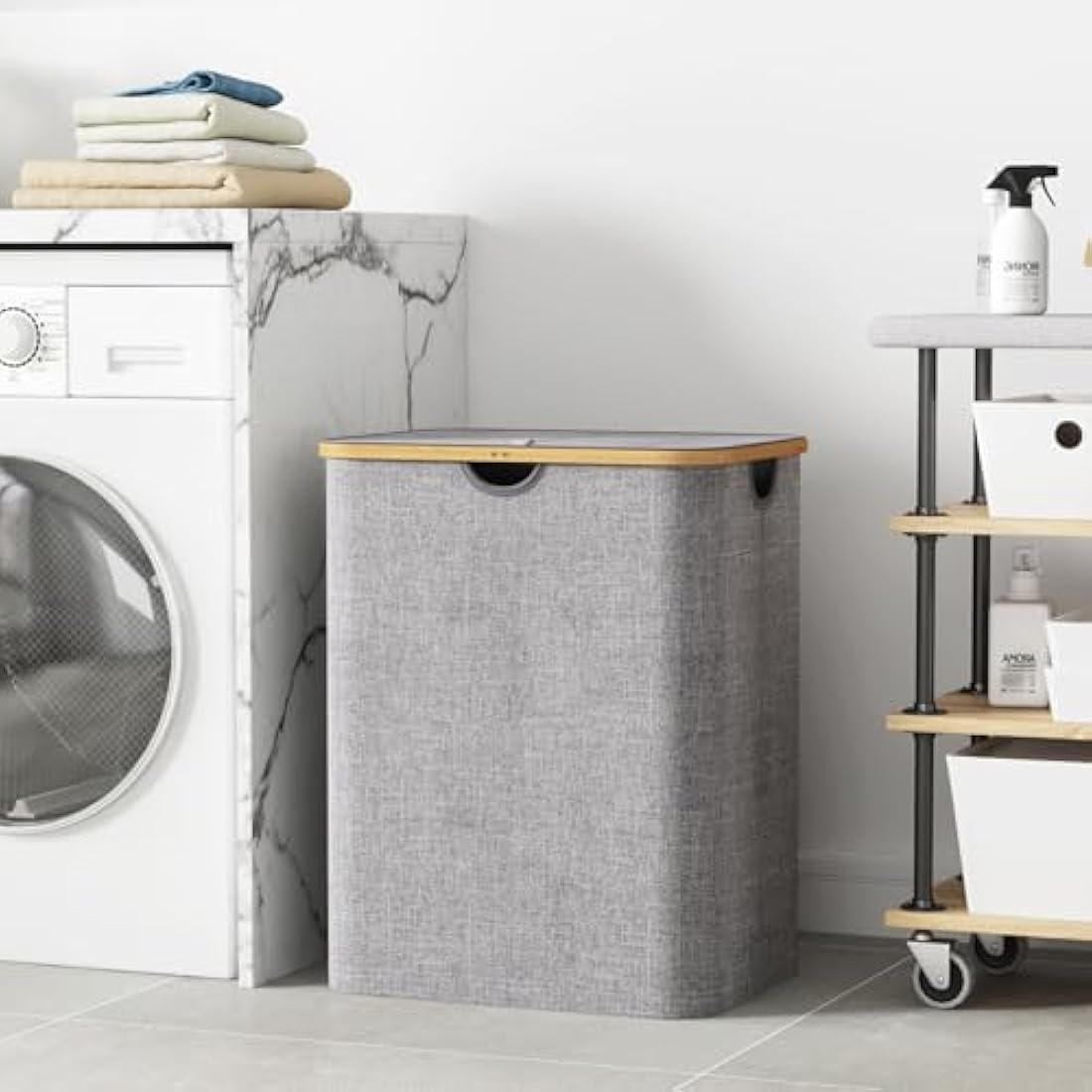 Lifewit 120L Laundry Basket with Lid, Clothes Hampers for Laundry with Bamboo Handles and A Removable Laundry Bag, Large Foldable Laundry Hamper for Bedroom, Bathroom, Dorm, Laundry Room, Light Gray