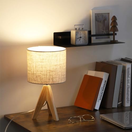 EDISHINE Bedside Lamps Set of 2, Wood Bedside Table Lamp, Tripod Desk Lamp with Beige Linen Lampshade, On-Off Switch, Desk Lamps for Living Room, Bedroom, Office, E27 Base, Linen