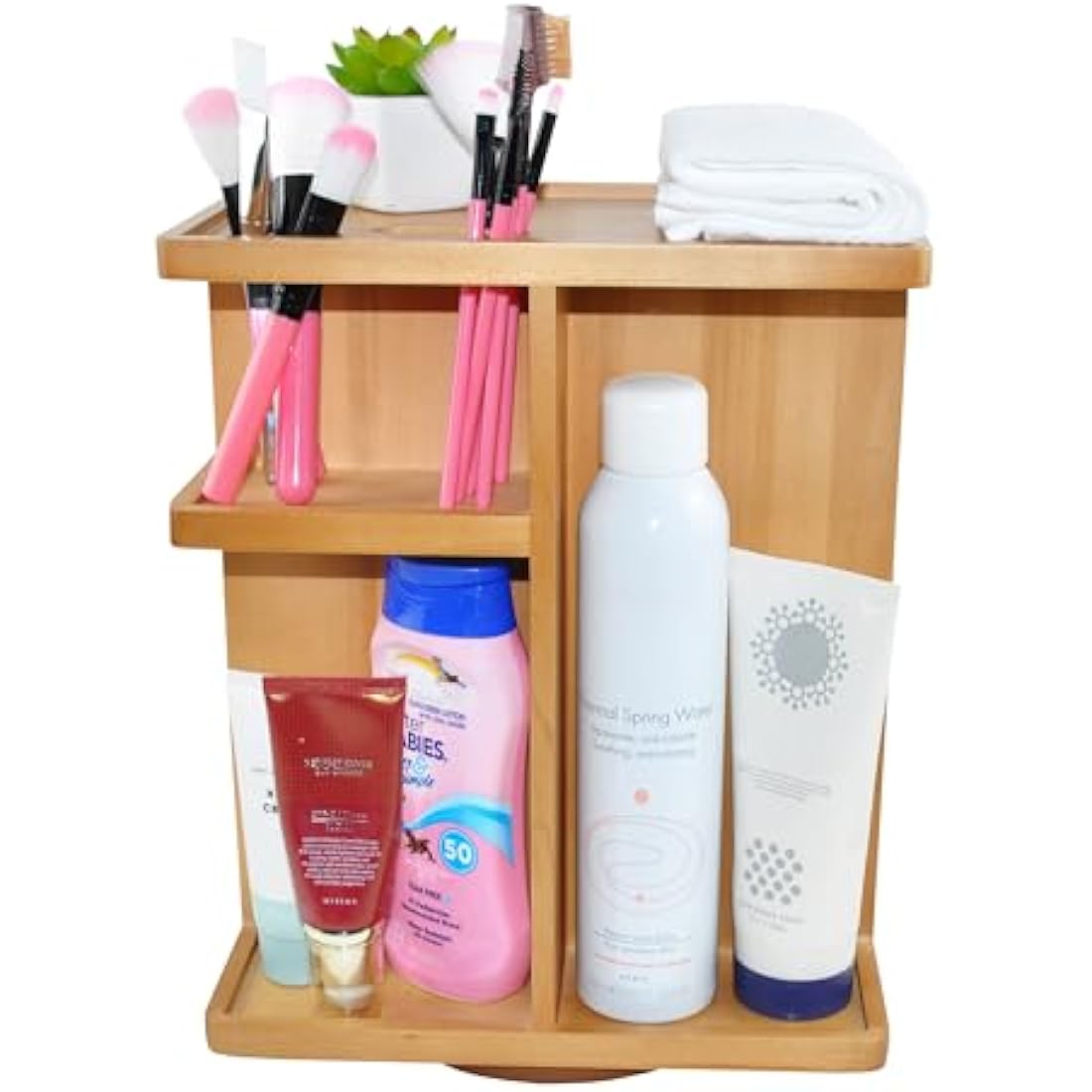 Spiretro Rotating Cosmetic Modular Organizer, Multi-Function Storage, 360 degree Carousel for Makeup, Toiletries, Vanity, Desk, Countertop, Bedroom, Closet, Solid Natural Wood with Acacia Brown