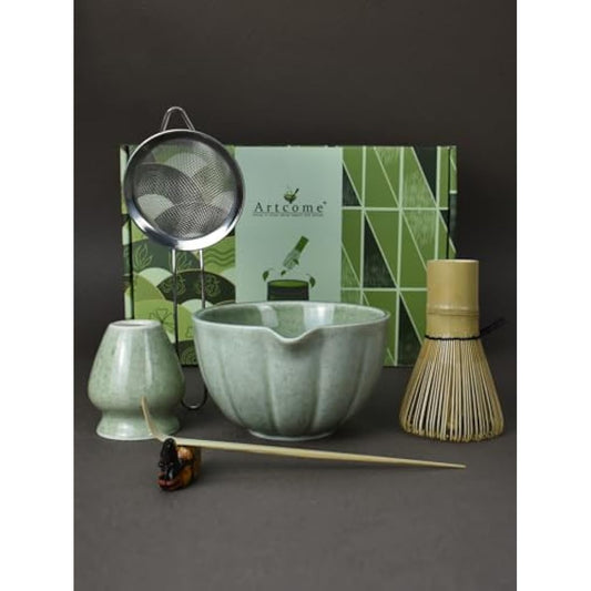Artcome 6-Piece Japanese Tea Set, Matcha Bowl with Spout, Whisk, Scoop, Holder - Handmade Ceremony Kit