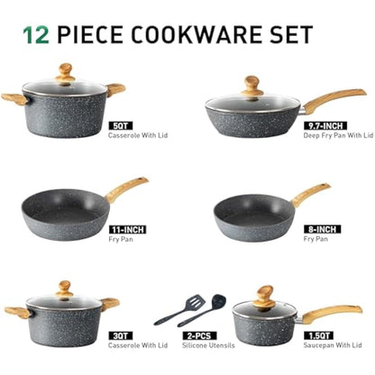 Kitchen Academy 12 Pieces Nonstick Pots and Pans Set, Induction Cooking Pan Set, Non Stick Saucepan Set, Frying Pan Set (Grey)